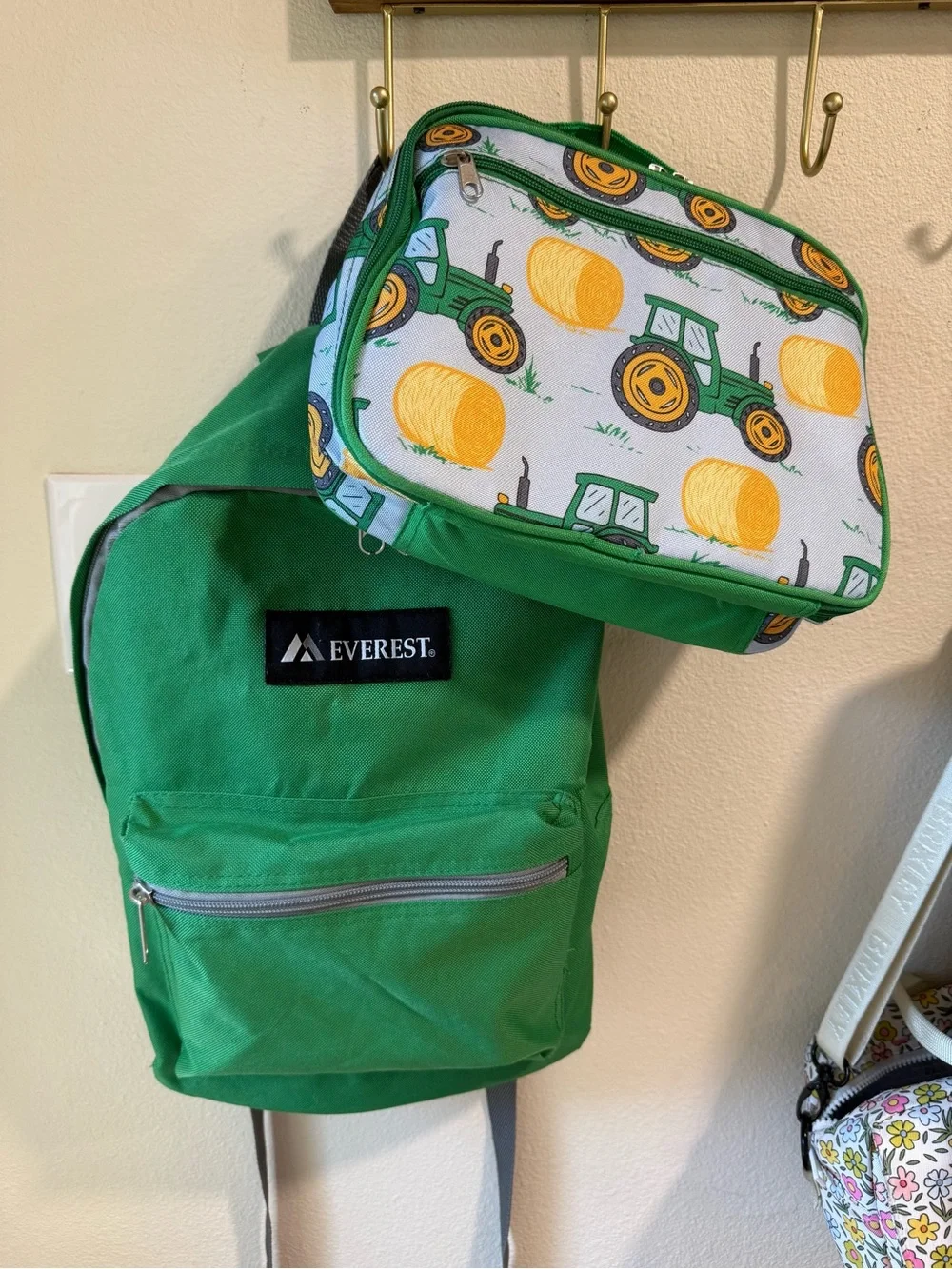 Kids Green Backpack with Tractor Lunchbox